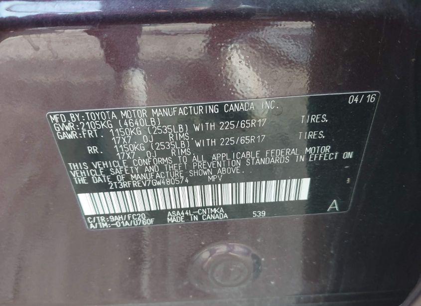 Photo 9 of 2016 Toyota Rav4 XLE (VIN 2T3RFREV7GW480574)