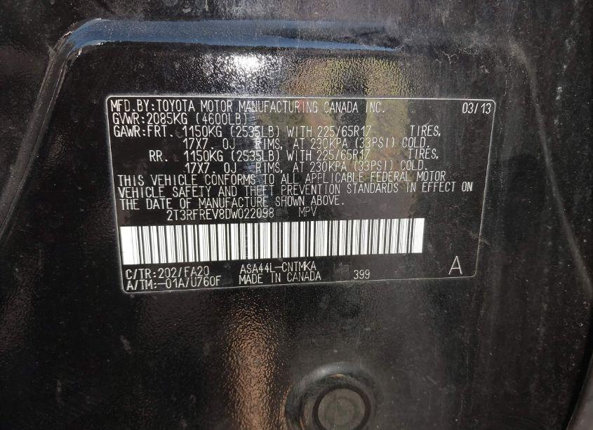 Photo 9 of 2013 Toyota Rav4 XLE (VIN 2T3RFREV8DW022098)