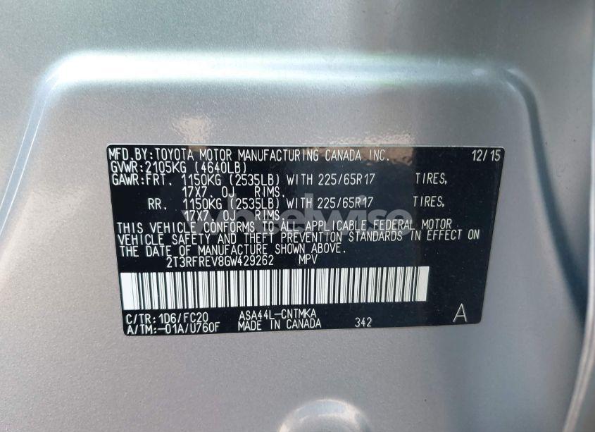 Photo 9 of 2016 Toyota Rav4 XLE (VIN 2T3RFREV8GW429262)