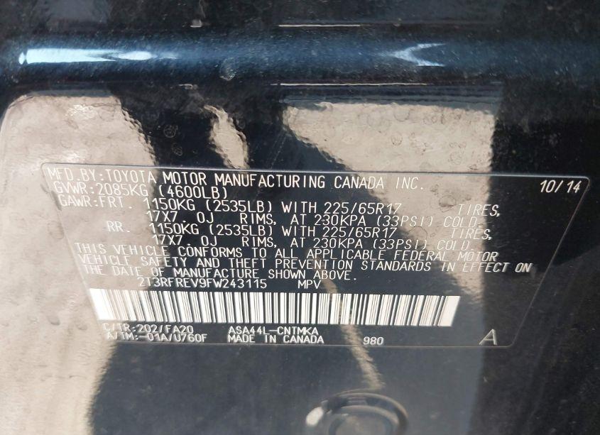 Photo 9 of 2015 Toyota Rav4 XLE (VIN 2T3RFREV9FW243115)