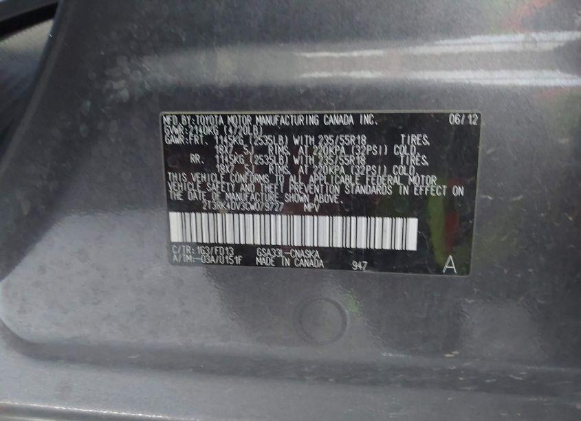 Photo 9 of 2012 Toyota Rav4 SPORT V6 (VIN 2T3RK4DV3CW079727)