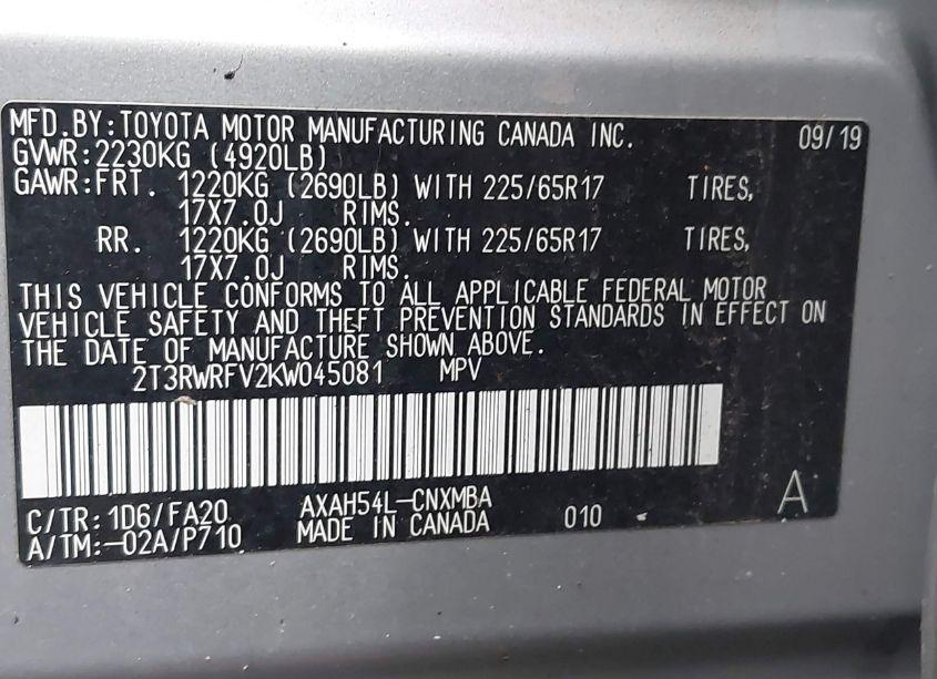 Photo 9 of 2019 Toyota Rav4 HYBRID XLE (VIN 2T3RWRFV2KW045081)