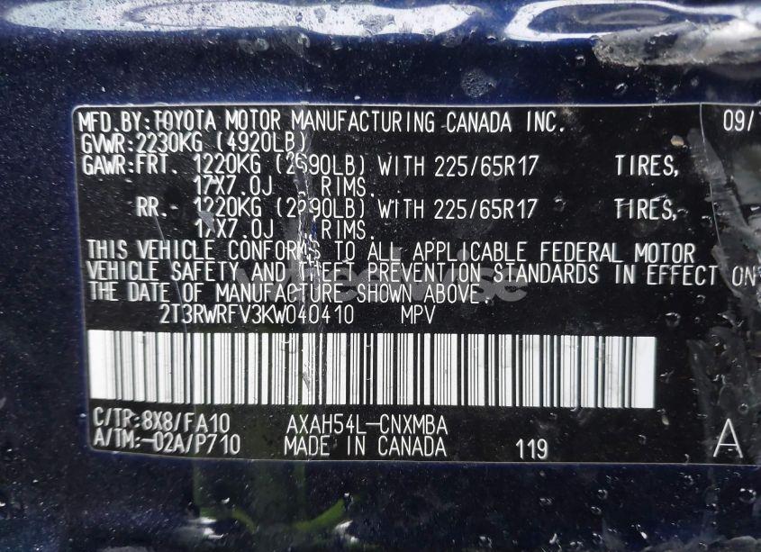 Photo 9 of 2019 Toyota Rav4 HYBRID XLE (VIN 2T3RWRFV3KW040410)