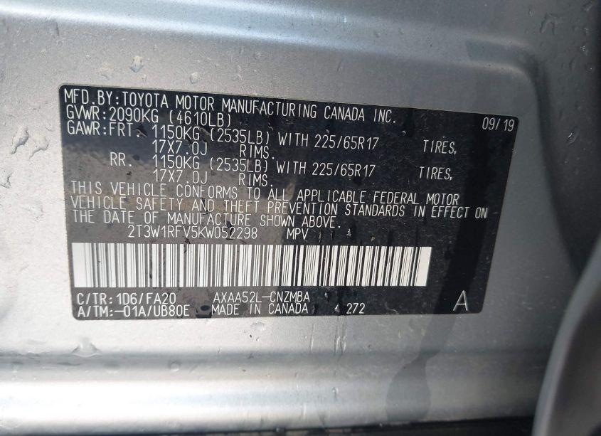 Photo 9 of 2019 Toyota Rav4 XLE (VIN 2T3W1RFV5KW052298)