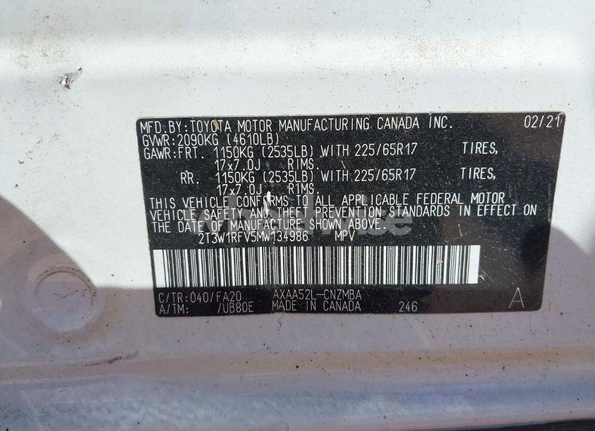 Photo 9 of 2021 Toyota Rav4 XLE (VIN 2T3W1RFV5MW134986)