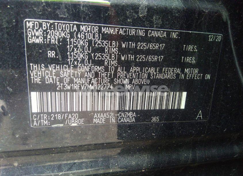 Photo 9 of 2021 Toyota Rav4 XLE (VIN 2T3W1RFV7MW122774)