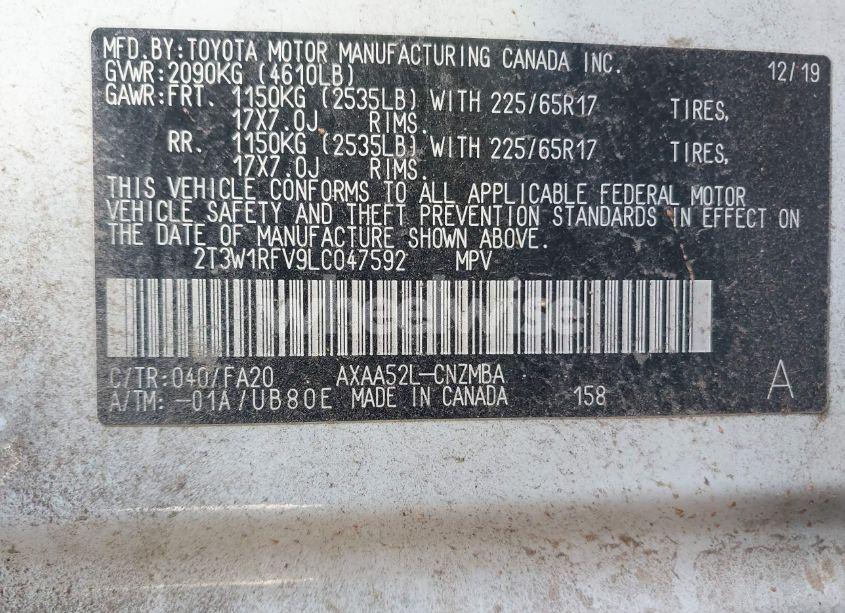 Photo 9 of 2020 Toyota Rav4 XLE (VIN 2T3W1RFV9LC047592)