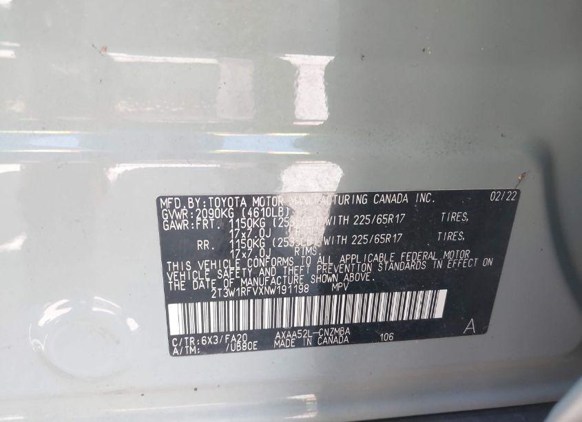 Photo 9 of 2022 Toyota Rav4 XLE (VIN 2T3W1RFVXNW191198)