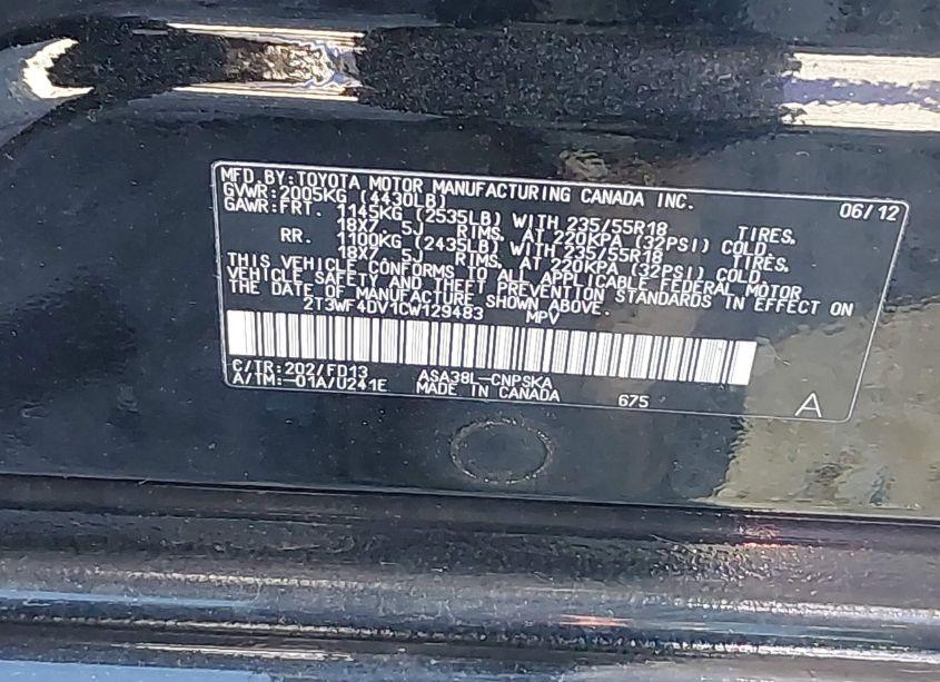 Photo 9 of 2012 Toyota Rav4 SPORT (VIN 2T3WF4DV1CW129483)