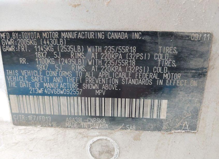 Photo 9 of 2011 Toyota Rav4 SPORT (VIN 2T3WF4DV6BW092557)