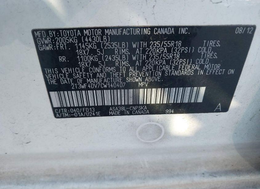 Photo 9 of 2012 Toyota Rav4 SPORT (VIN 2T3WF4DV7CW140407)