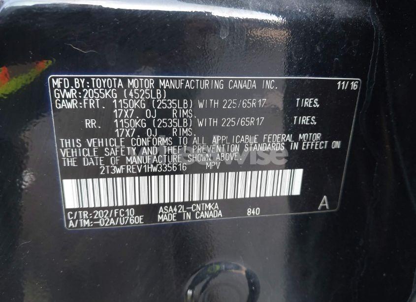 Photo 9 of 2017 Toyota Rav4 XLE (VIN 2T3WFREV1HW335616)