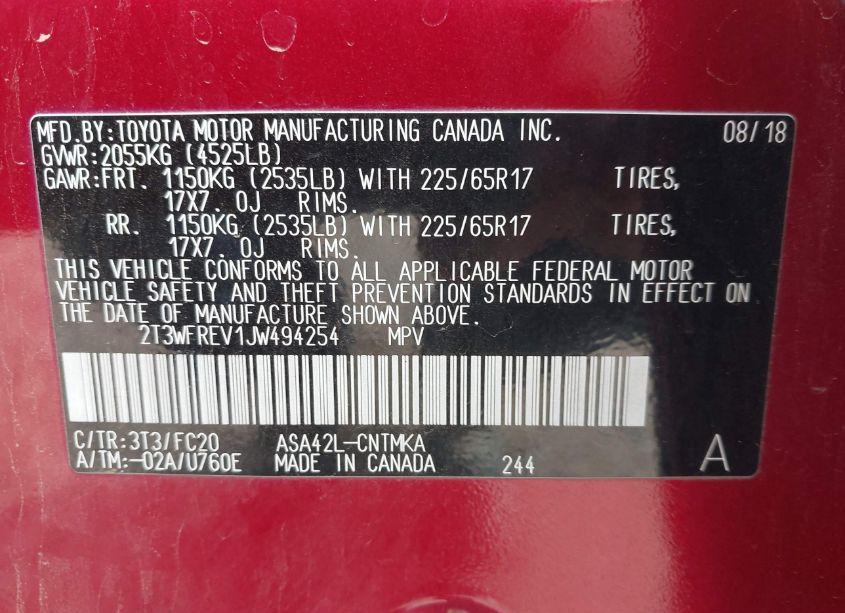 Photo 9 of 2018 Toyota Rav4 ADVENTURE/XLE (VIN 2T3WFREV1JW494254)