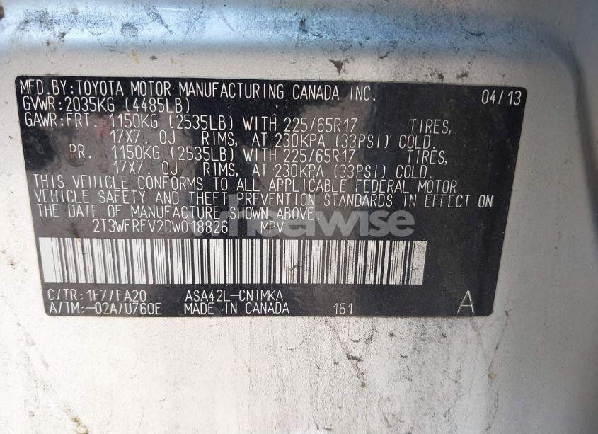 Photo 9 of 2013 Toyota Rav4 XLE (VIN 2T3WFREV2DW018826)