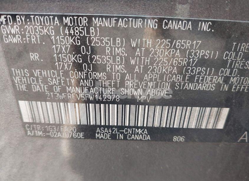 Photo 9 of 2015 Toyota Rav4 XLE (VIN 2T3WFREV5FW142978)