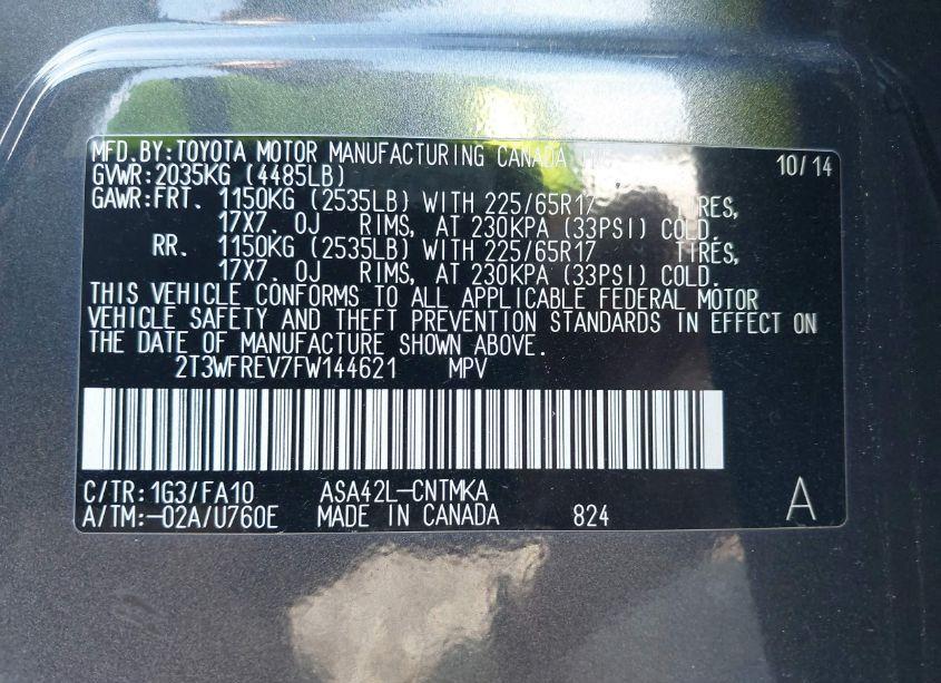 Photo 9 of 2015 Toyota Rav4 XLE (VIN 2T3WFREV7FW144621)