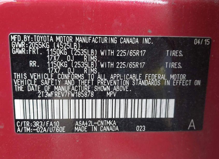 Photo 9 of 2015 Toyota Rav4 XLE (VIN 2T3WFREV7FW185878)