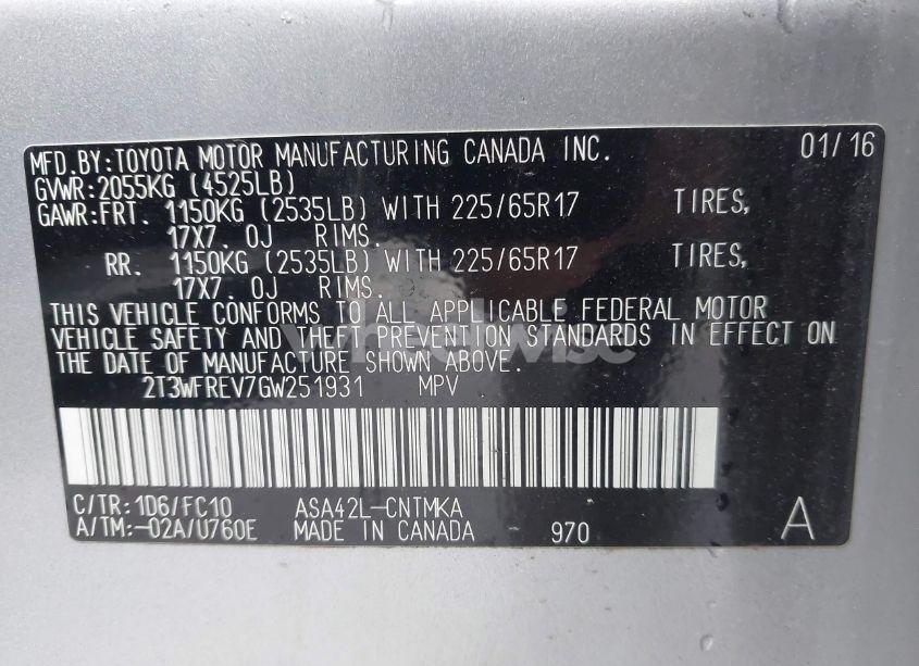 Photo 9 of 2016 Toyota Rav4 XLE (VIN 2T3WFREV7GW251931)