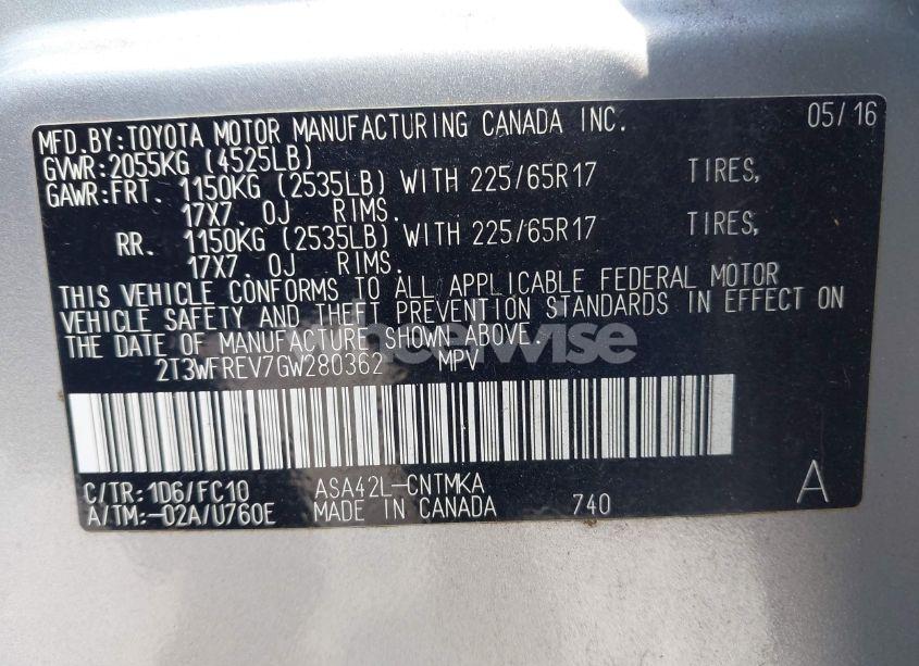 Photo 9 of 2016 Toyota Rav4 XLE (VIN 2T3WFREV7GW280362)