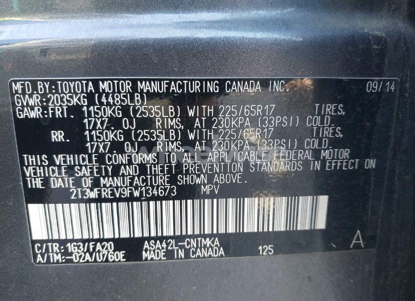 Photo 9 of 2015 Toyota Rav4 XLE (VIN 2T3WFREV9FW134673)