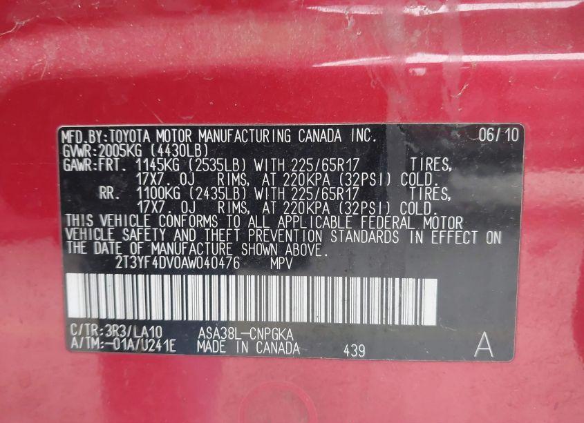 Photo 9 of 2010 Toyota Rav4 LIMITED (VIN 2T3YF4DV0AW040476)