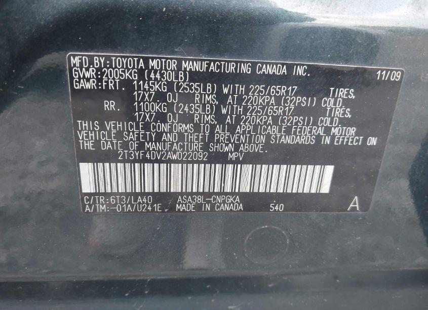 Photo 9 of 2010 Toyota Rav4 LIMITED (VIN 2T3YF4DV2AW022092)