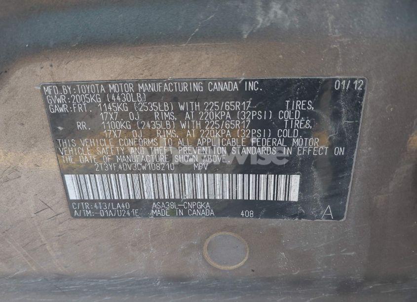 Photo 9 of 2012 Toyota Rav4 LIMITED (VIN 2T3YF4DV3CW108210)