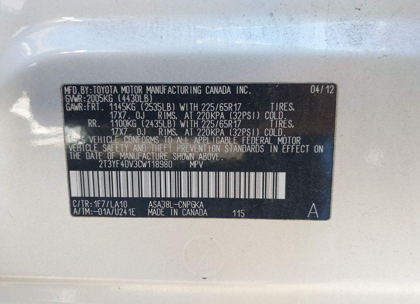 Photo 9 of 2012 Toyota Rav4 LIMITED (VIN 2T3YF4DV3CW118980)