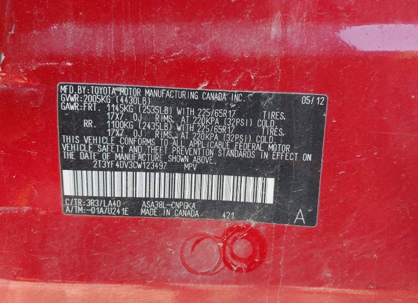 Photo 9 of 2012 Toyota Rav4 LIMITED (VIN 2T3YF4DV3CW123497)