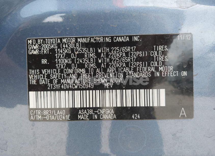 Photo 9 of 2012 Toyota Rav4 LIMITED (VIN 2T3YF4DV4CW150949)