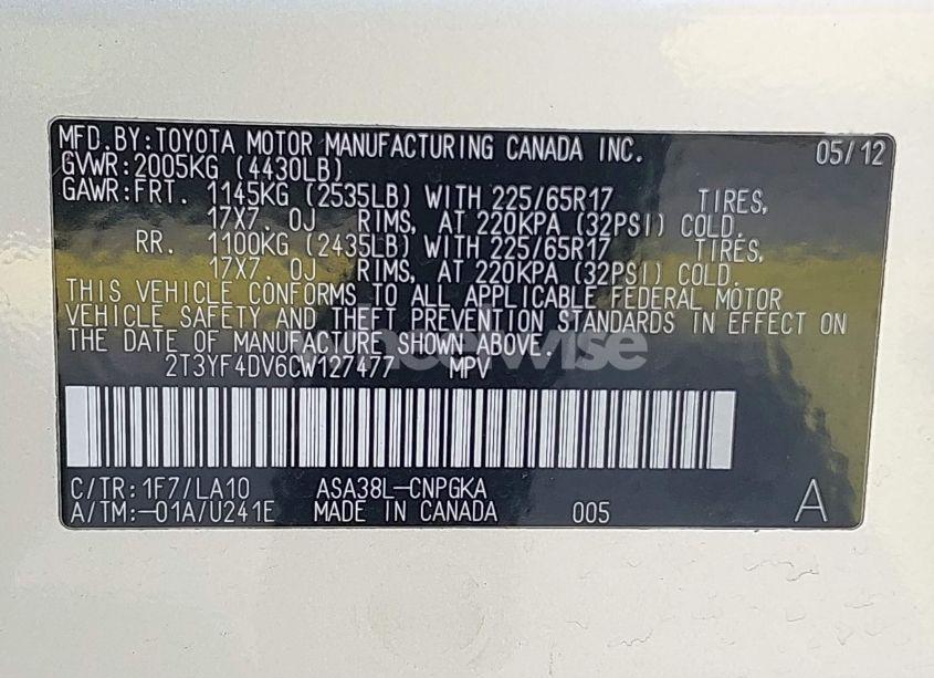 Photo 9 of 2012 Toyota Rav4 LIMITED (VIN 2T3YF4DV6CW127477)