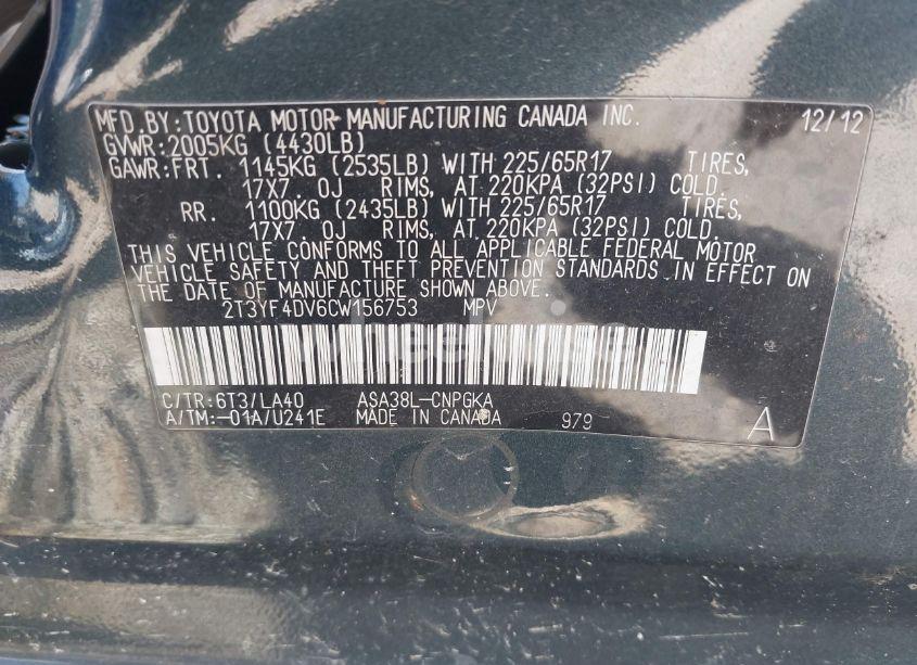 Photo 9 of 2012 Toyota Rav4 LIMITED (VIN 2T3YF4DV6CW156753)