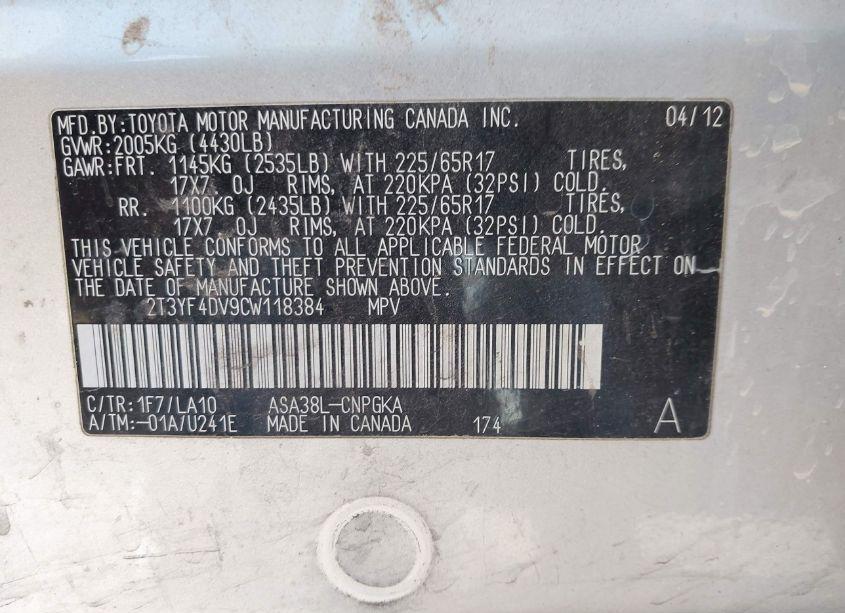 Photo 9 of 2012 Toyota Rav4 LIMITED (VIN 2T3YF4DV9CW118384)