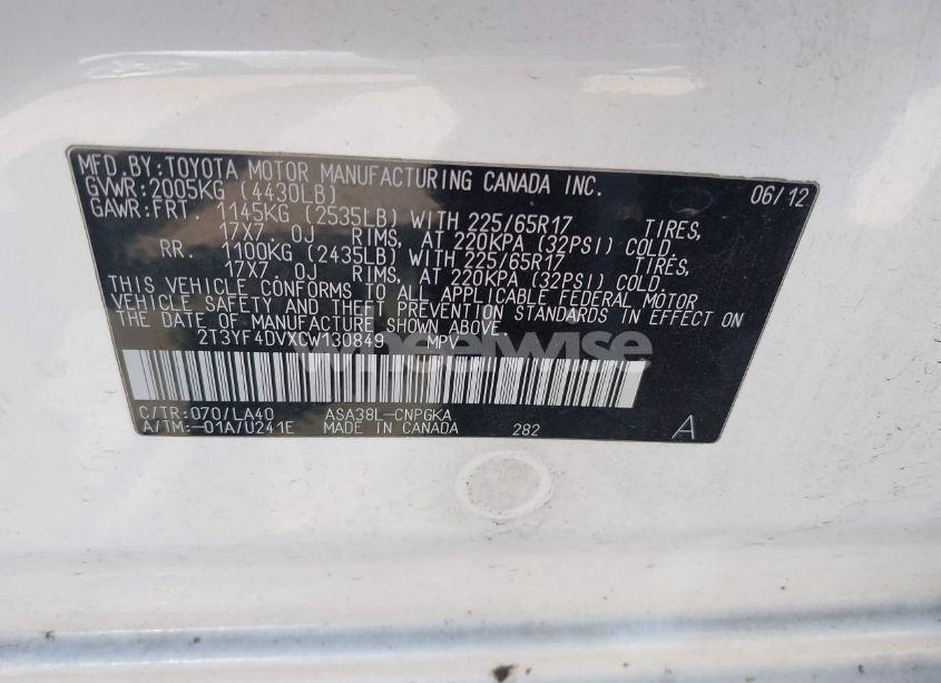 Photo 9 of 2012 Toyota Rav4 LIMITED (VIN 2T3YF4DVXCW130849)