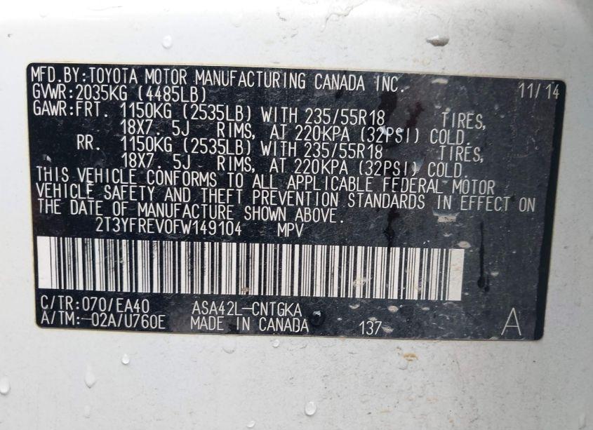 Photo 9 of 2015 Toyota Rav4 LIMITED (VIN 2T3YFREV0FW149104)