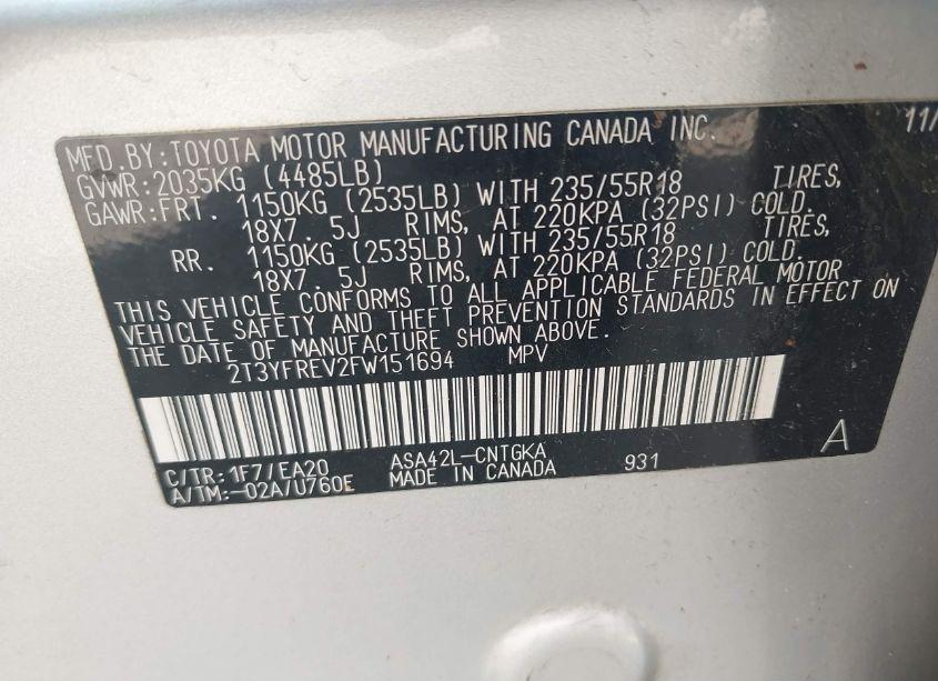 Photo 9 of 2015 Toyota Rav4 LIMITED (VIN 2T3YFREV2FW151694)