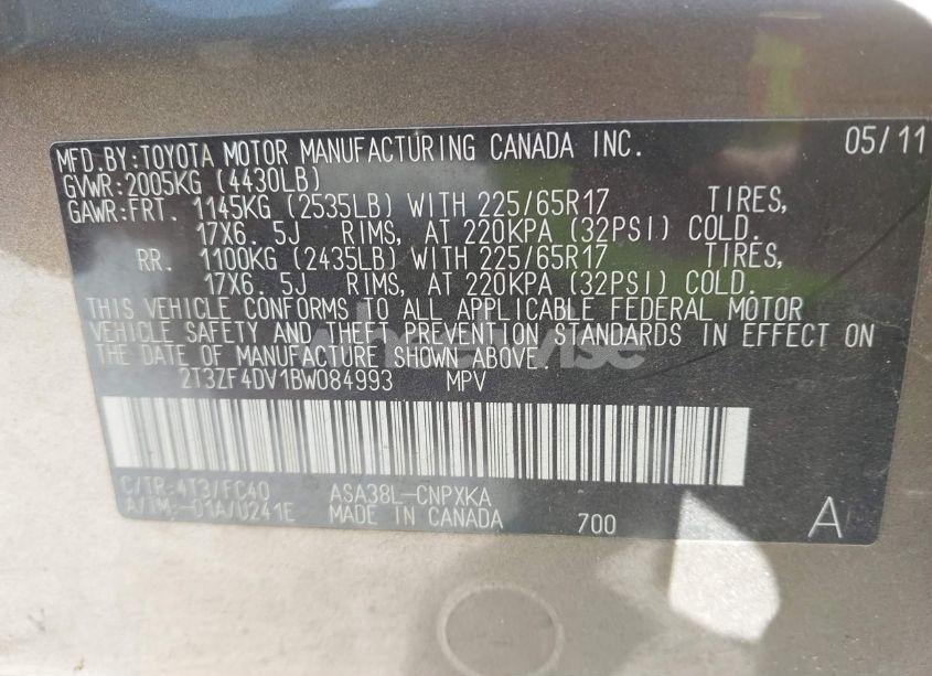 Photo 9 of 2011 Toyota Rav4 BASE (A4) (VIN 2T3ZF4DV1BW084993)