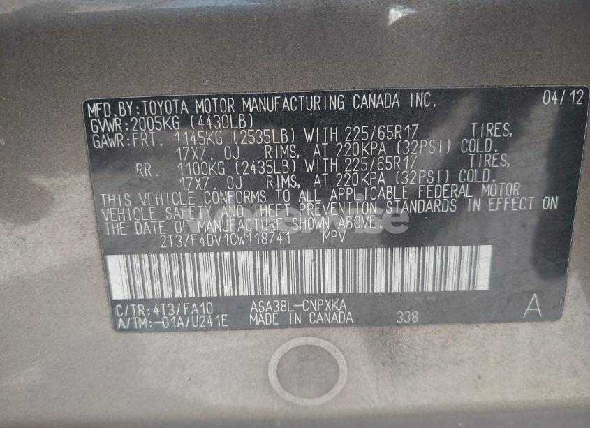 Photo 9 of 2012 Toyota Rav4 (VIN 2T3ZF4DV1CW118741)