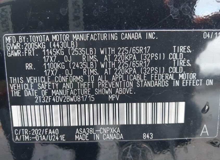 Photo 9 of 2011 Toyota Rav4 (VIN 2T3ZF4DV2BW081715)