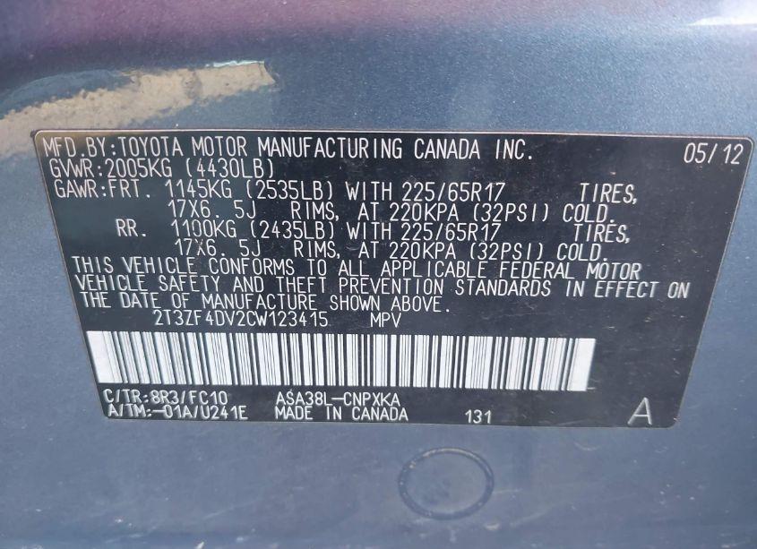 Photo 9 of 2012 Toyota Rav4 (VIN 2T3ZF4DV2CW123415)