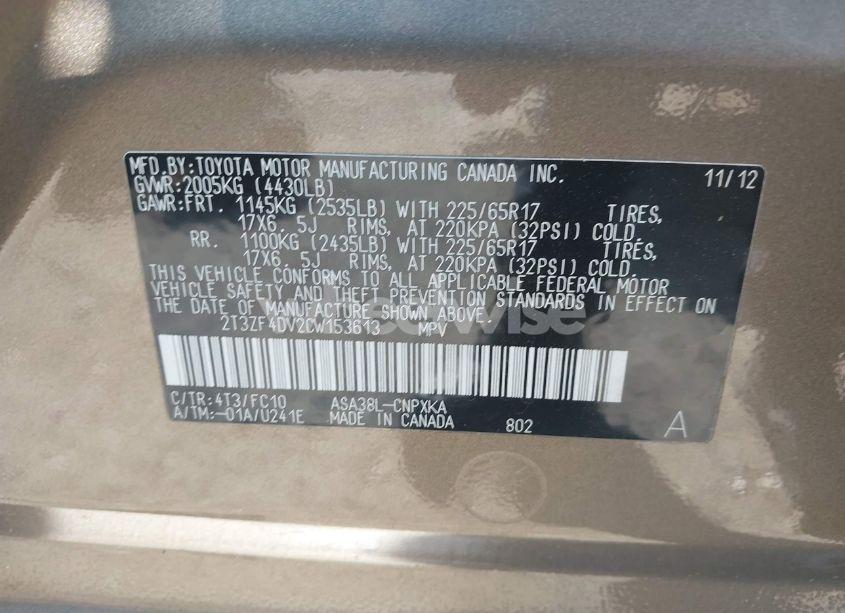 Photo 9 of 2012 Toyota Rav4 (VIN 2T3ZF4DV2CW153613)