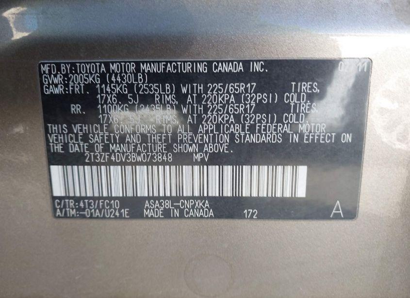 Photo 9 of 2011 Toyota Rav4 BASE (A4) (VIN 2T3ZF4DV3BW073848)