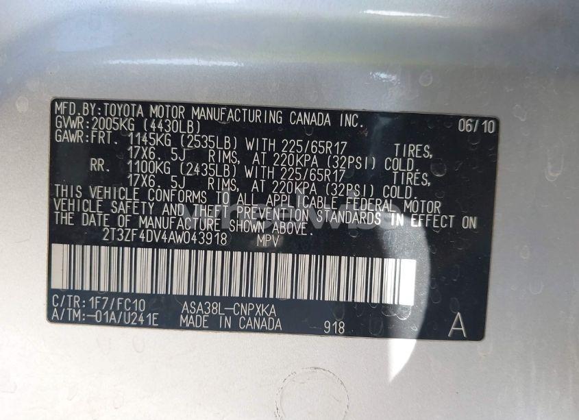 Photo 9 of 2010 Toyota Rav4 (VIN 2T3ZF4DV4AW043918)