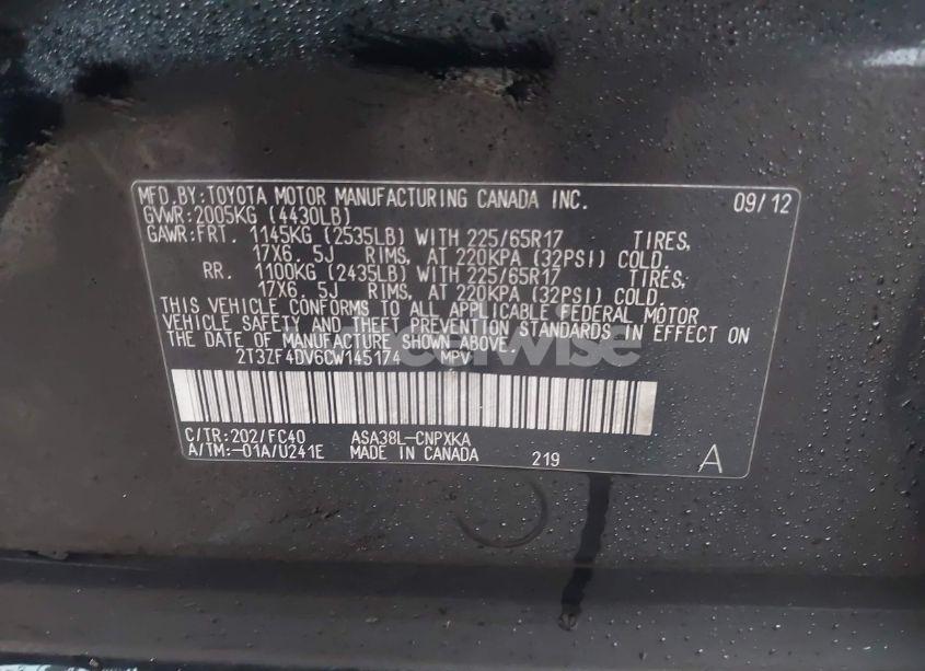 Photo 9 of 2012 Toyota Rav4 (VIN 2T3ZF4DV6CW145174)
