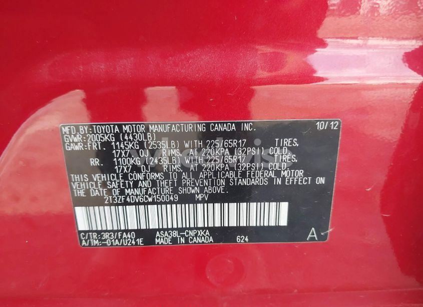 Photo 9 of 2012 Toyota Rav4 (VIN 2T3ZF4DV6CW150049)