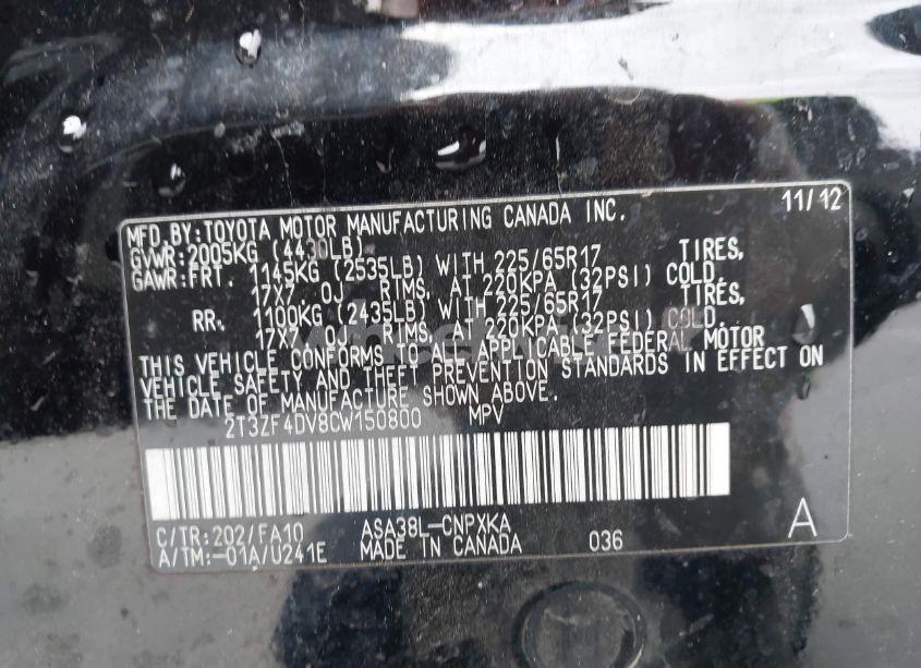 Photo 9 of 2012 Toyota Rav4 (VIN 2T3ZF4DV8CW150800)