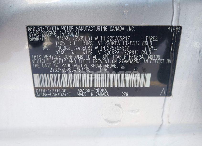 Photo 9 of 2012 Toyota Rav4 (VIN 2T3ZF4DV8CW151168)