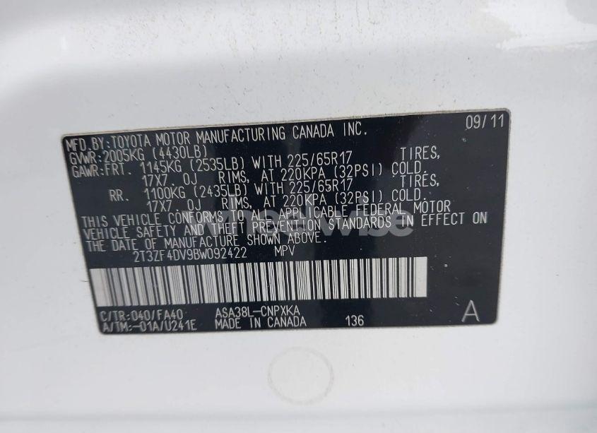 Photo 9 of 2011 Toyota Rav4 (VIN 2T3ZF4DV9BW092422)