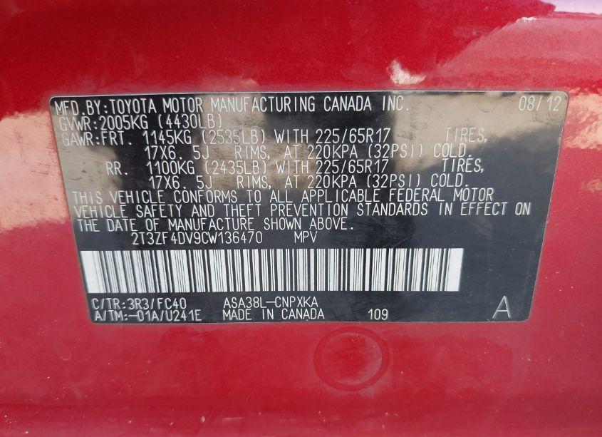 Photo 9 of 2012 Toyota Rav4 (VIN 2T3ZF4DV9CW136470)