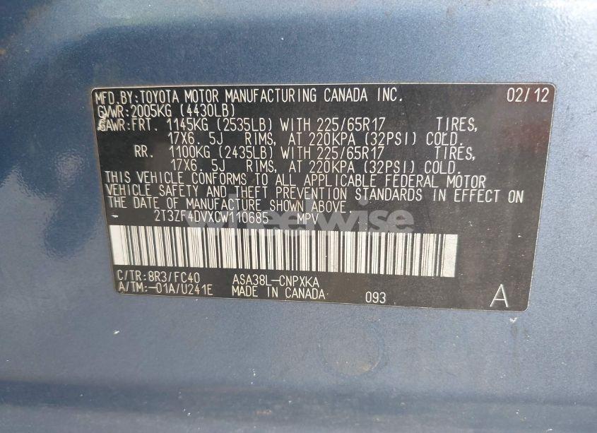 Photo 9 of 2012 Toyota Rav4 (VIN 2T3ZF4DVXCW110685)